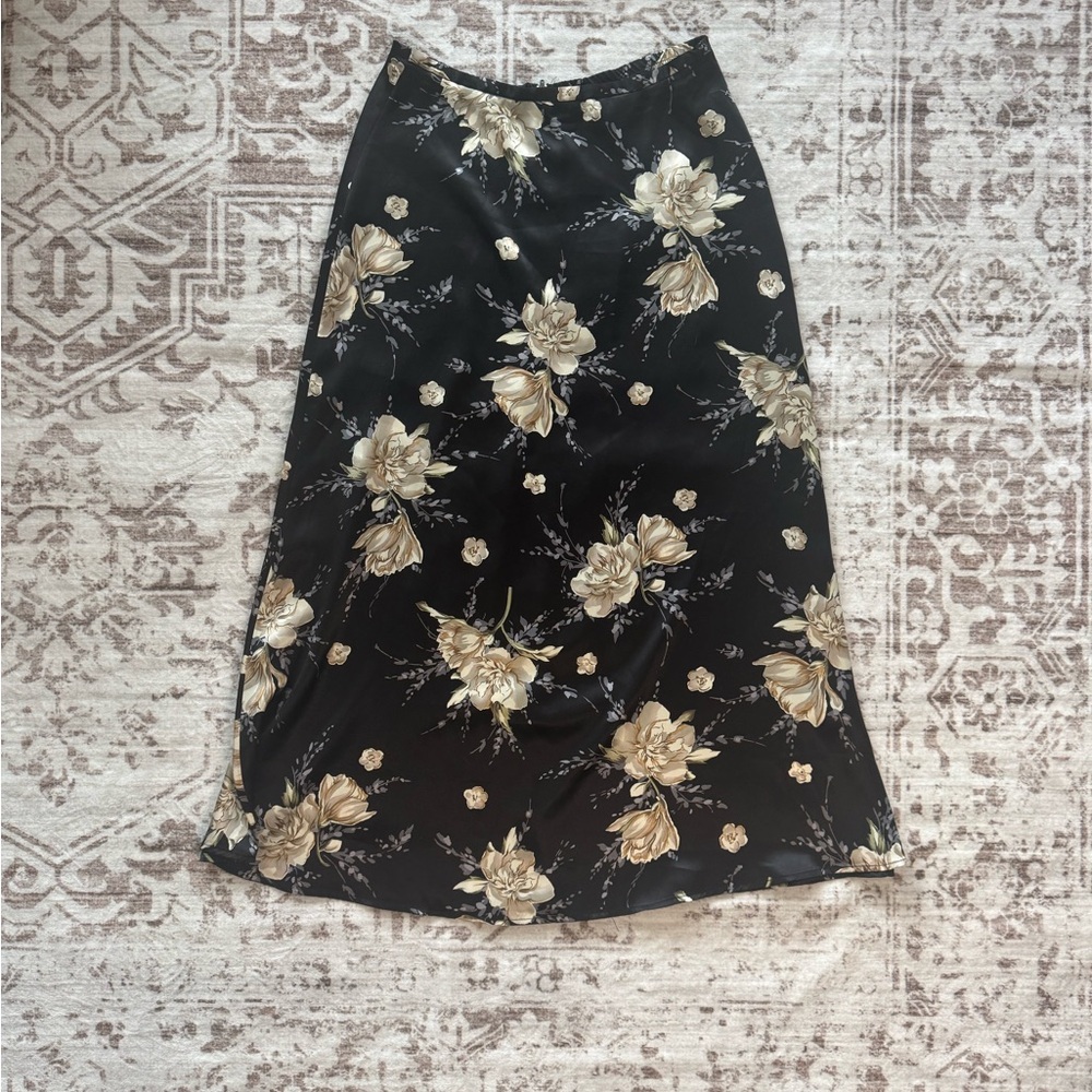 Satin Black Floral Maxi Skirt